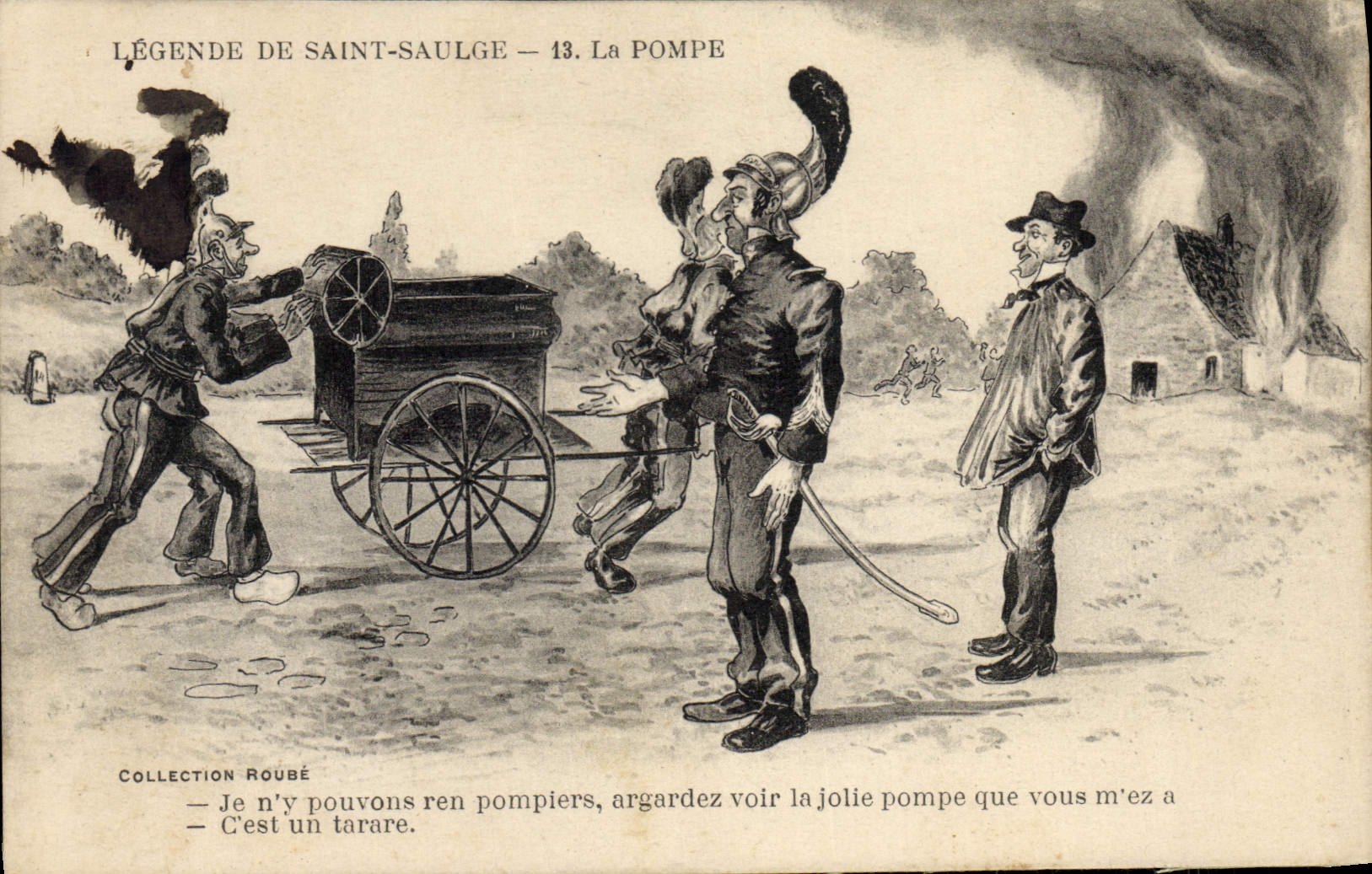 VINTAGE POSTCARD Sapeurs Firemen Captions of Saulge Saint the pump