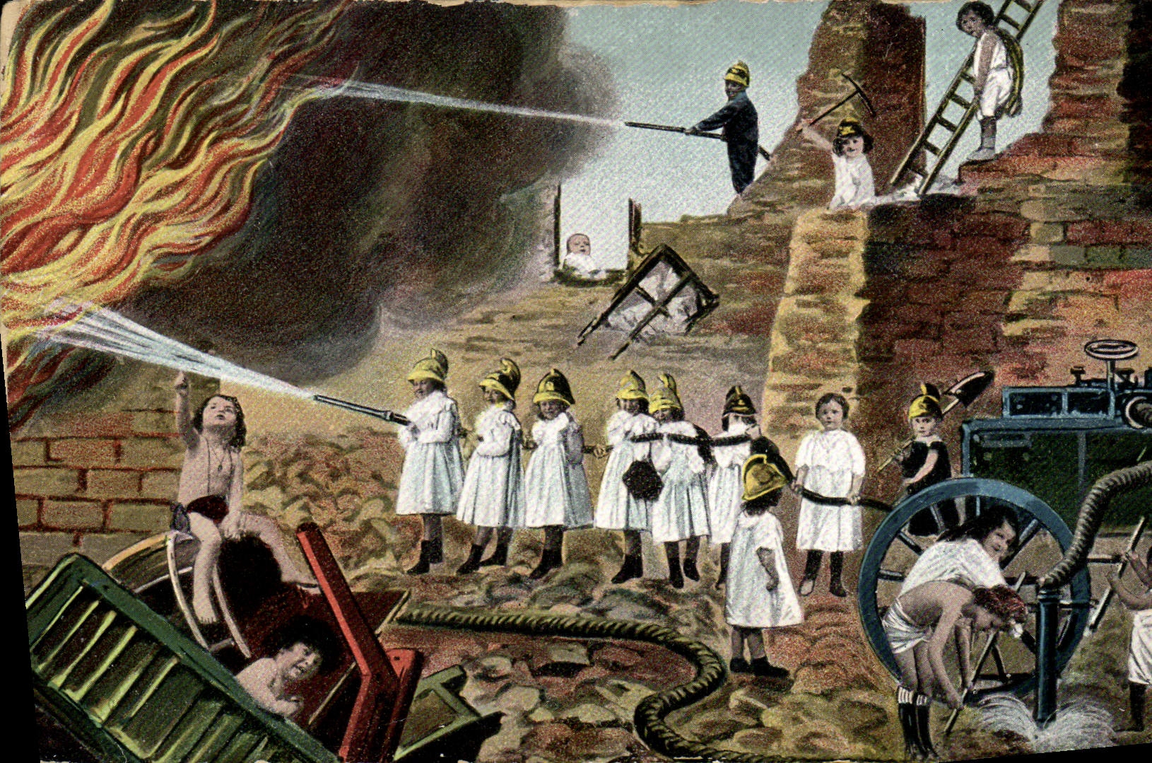 VINTAGE POSTCARD Sappers Firemen Children