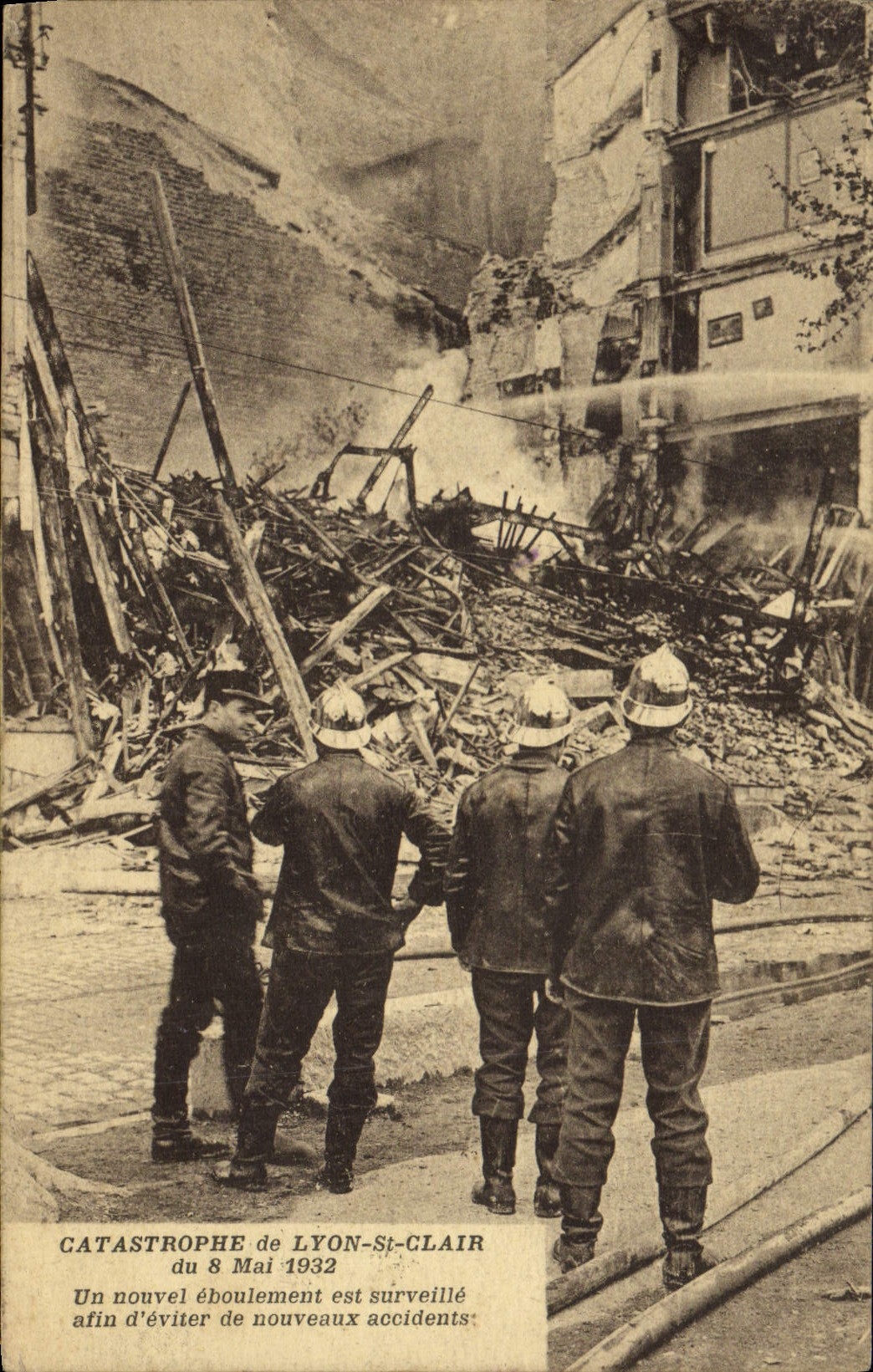 VINTAGE POSTCARD Sappers Firemen Catastrophe of Lyon Clear St of May 8th, 1932 a new crumbling