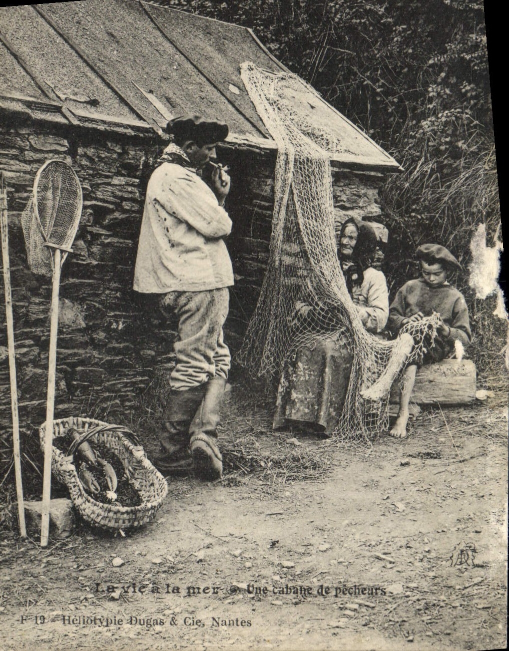 Vida de la POSTAL de la VENDIMIA con el mar una choza de pecadores