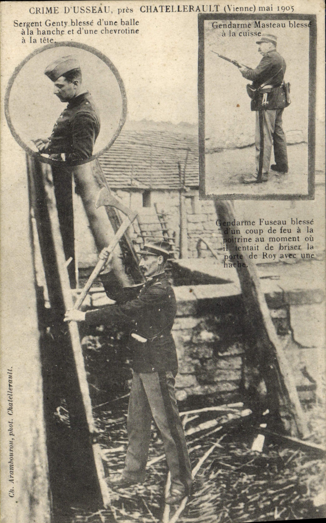 Crimen del oficial de policía de la policía de la POSTAL de la VENDIMIA de las heridas cercanas del sargento de Usseau Chatellerault Genty de una bola a la cadera