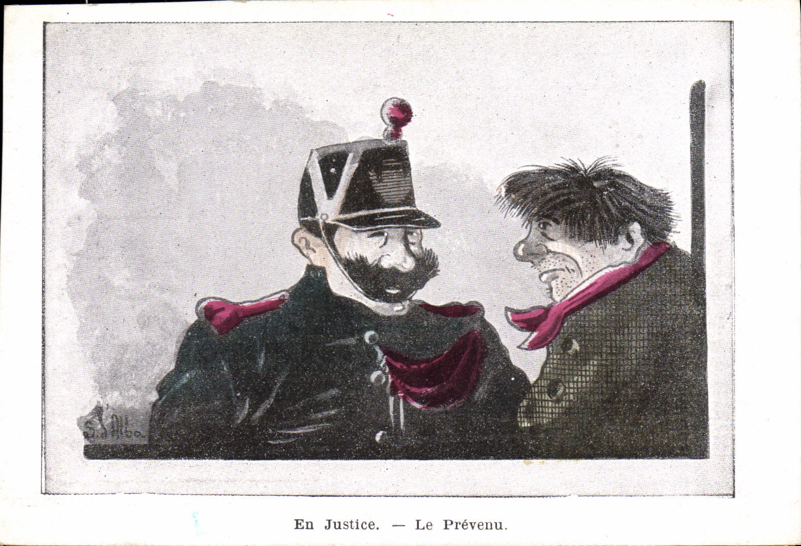 Oficial de policía de la fuerza de policía de la POSTAL de la VENDIMIA en justicia el ilustrador del demandado