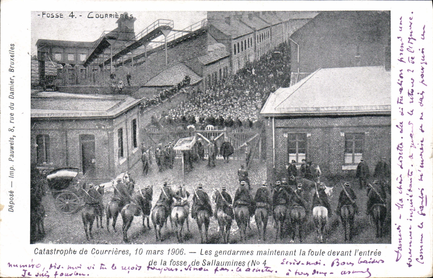 La catástrofe del oficial de policía de la policía de la POSTAL de la VENDIMIA Courrieres del 10 de marzo de 1906 que mantiene los gendarmes la presiona Sallaumines