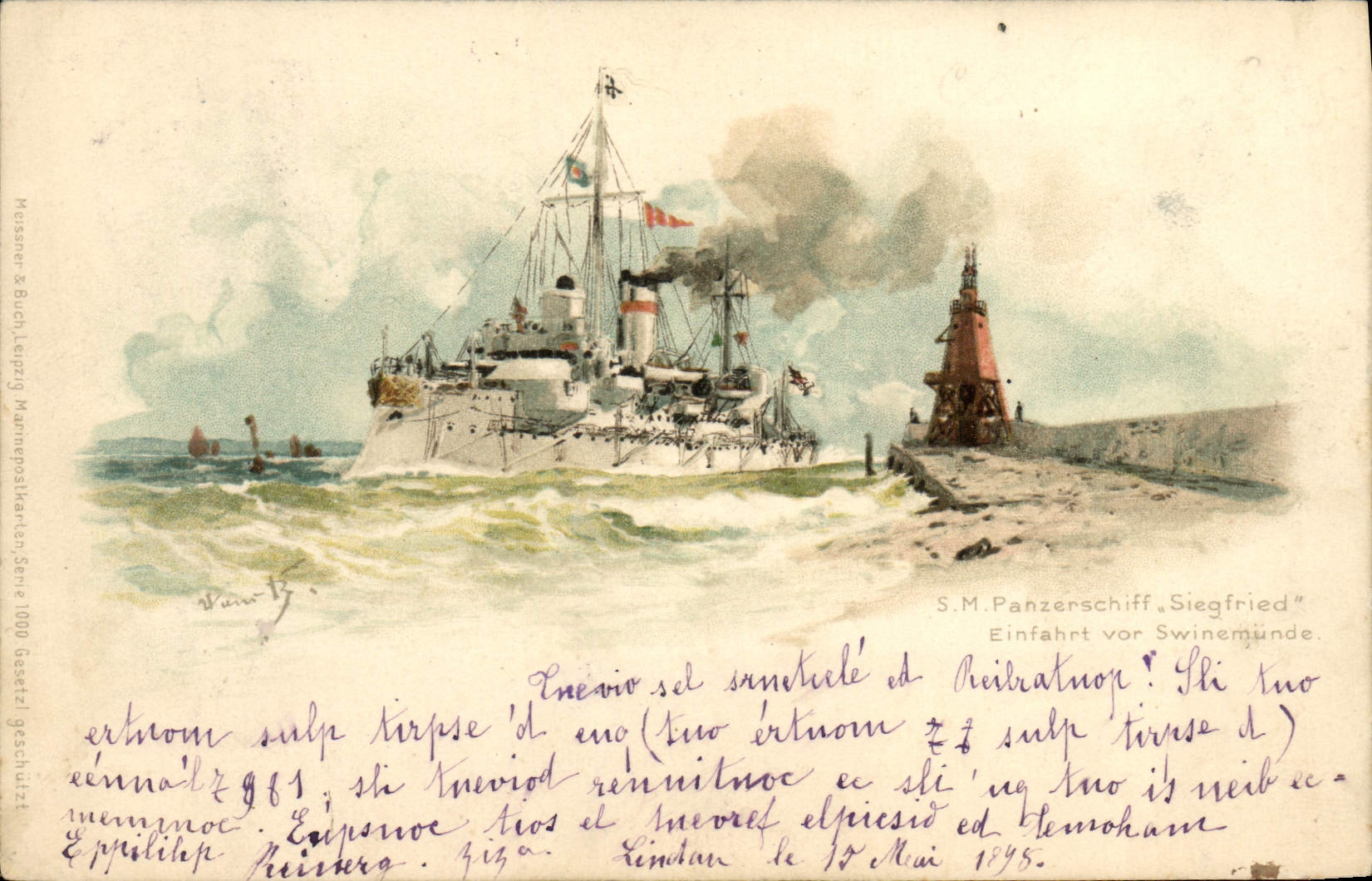 VINTAGE POSTCARD Boat SM Panzerschiff Siegfried Einfahrt VOR Swinemunde