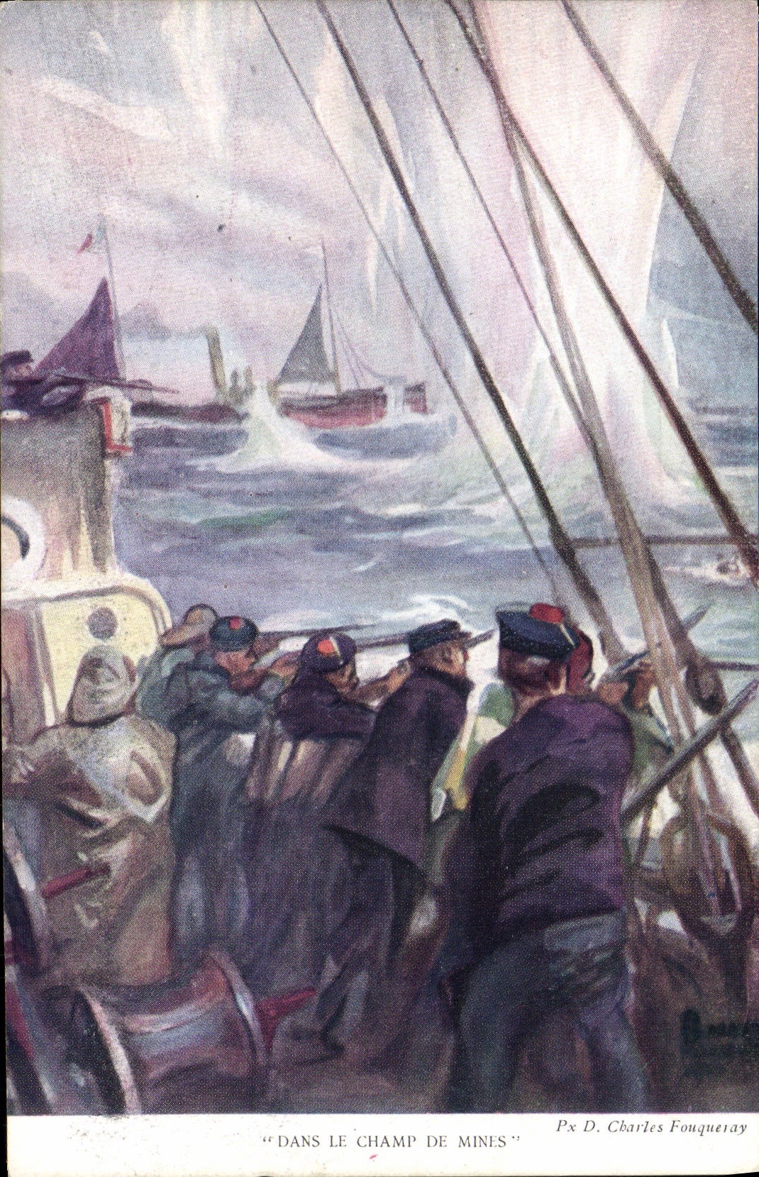 VINTAGE POSTCARD Boat In the minefield Charles Fouqueray