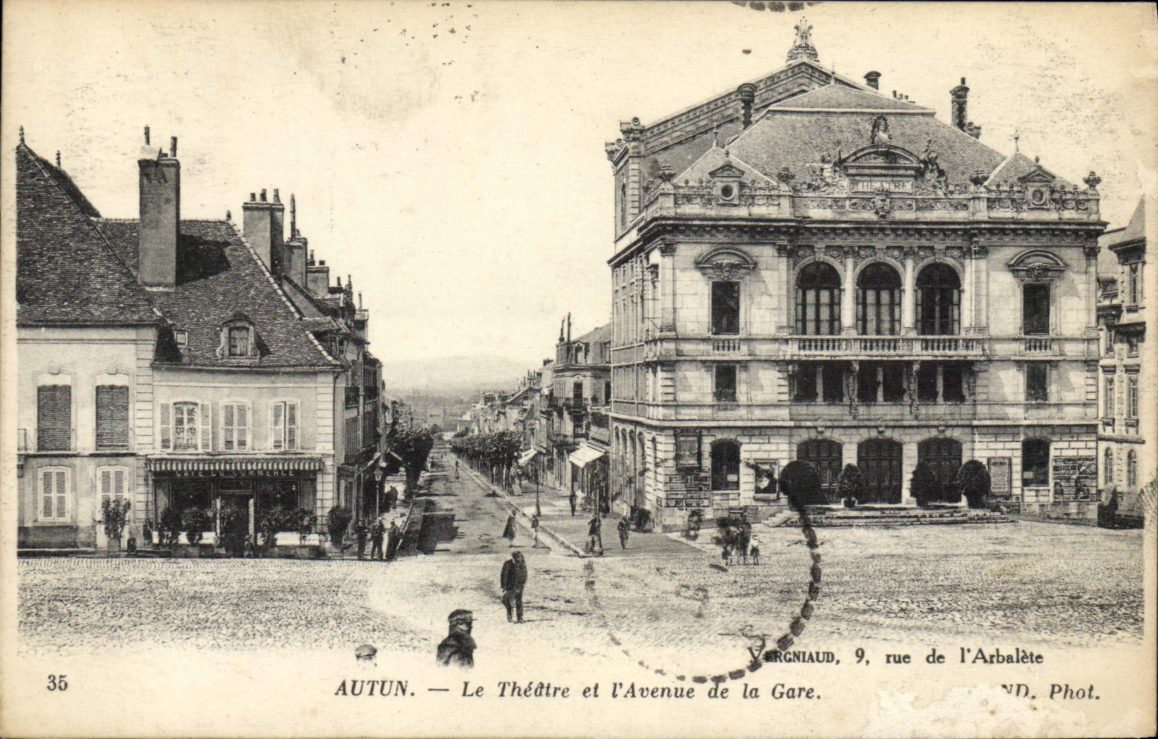 VINTAGE POSTCARD Autun the Theater and the avenue of the station