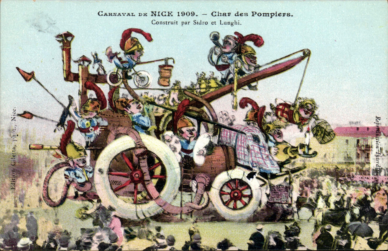 VINTAGE POSTCARD Sappers Firemen Carnival of Nice 1909 Tank of the firemen Sidro and Lunghi