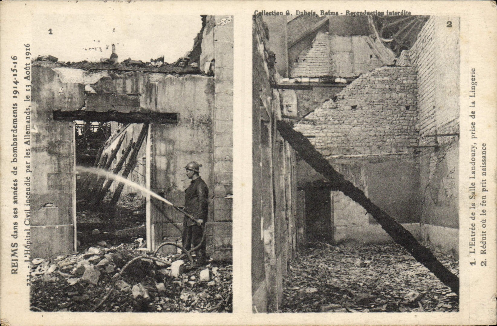 VINTAGE POSTCARD Sapeurs Rheims Firemen in its years of bombardment the civil hospital sets fire to by the Germans