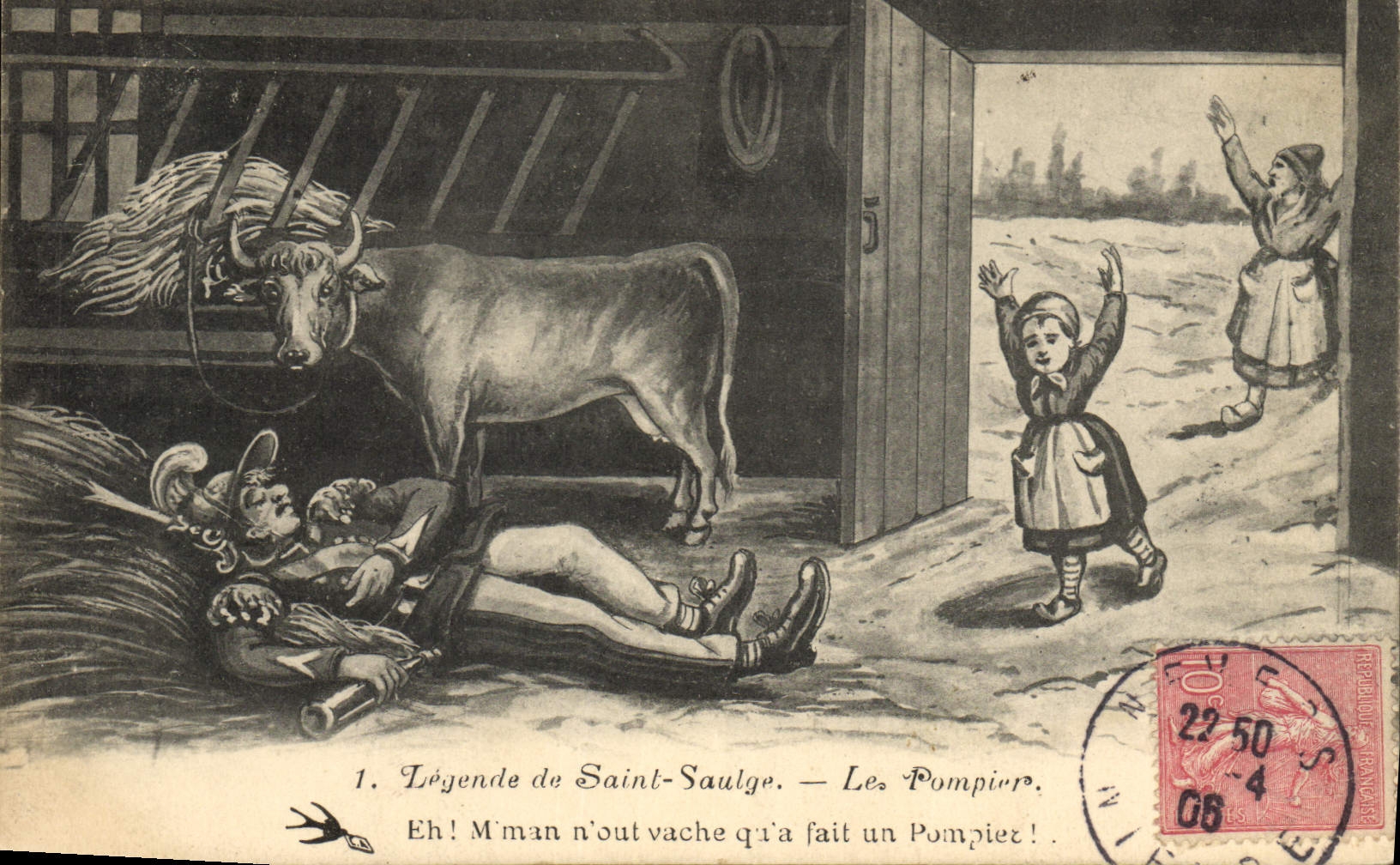 VINTAGE POSTCARD Sapeurs Firemen Captions of Saint Saulge Vache