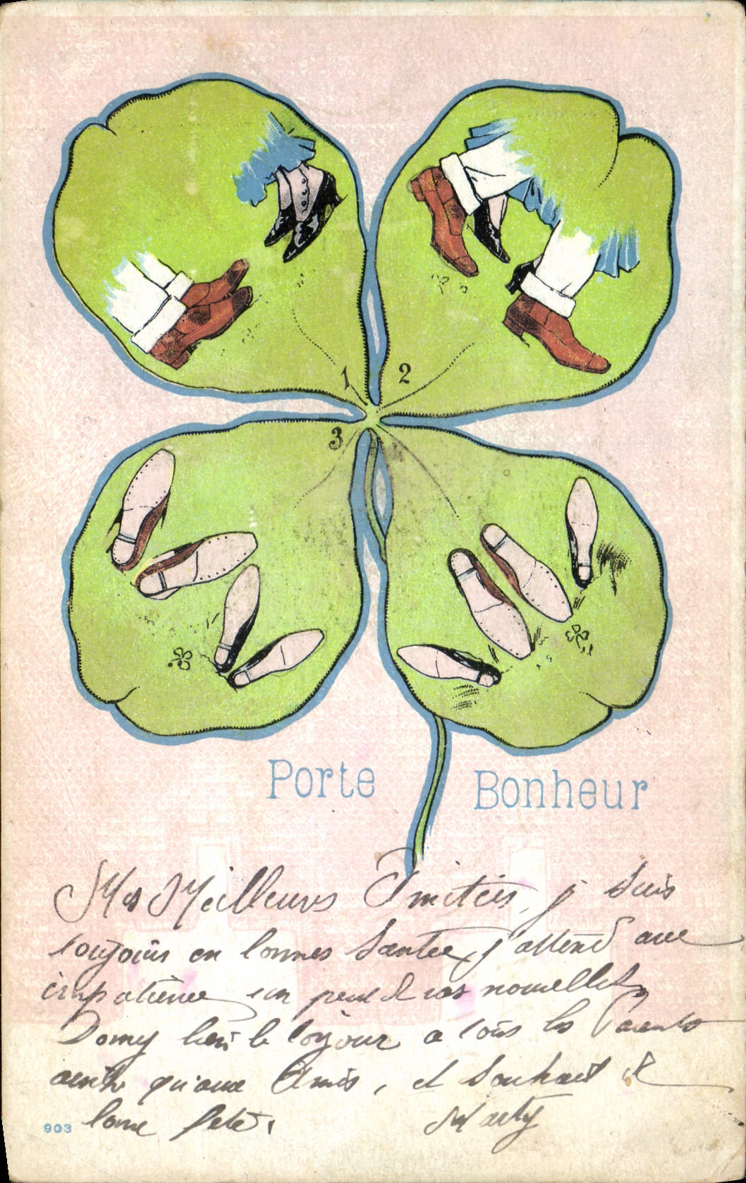 VINTAGE POSTCARD Nu erotic Femme Carries Happiness Clover