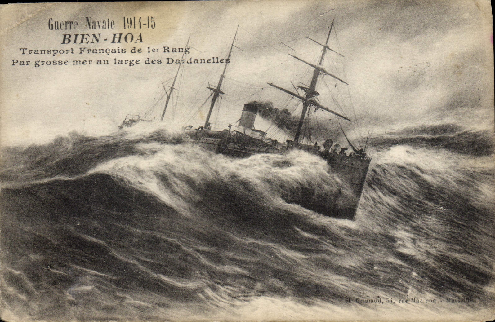 VINTAGE POSTCARD Boat Well Hoa French Transport of 1st rank by heavy sea with broad of Dardanelles