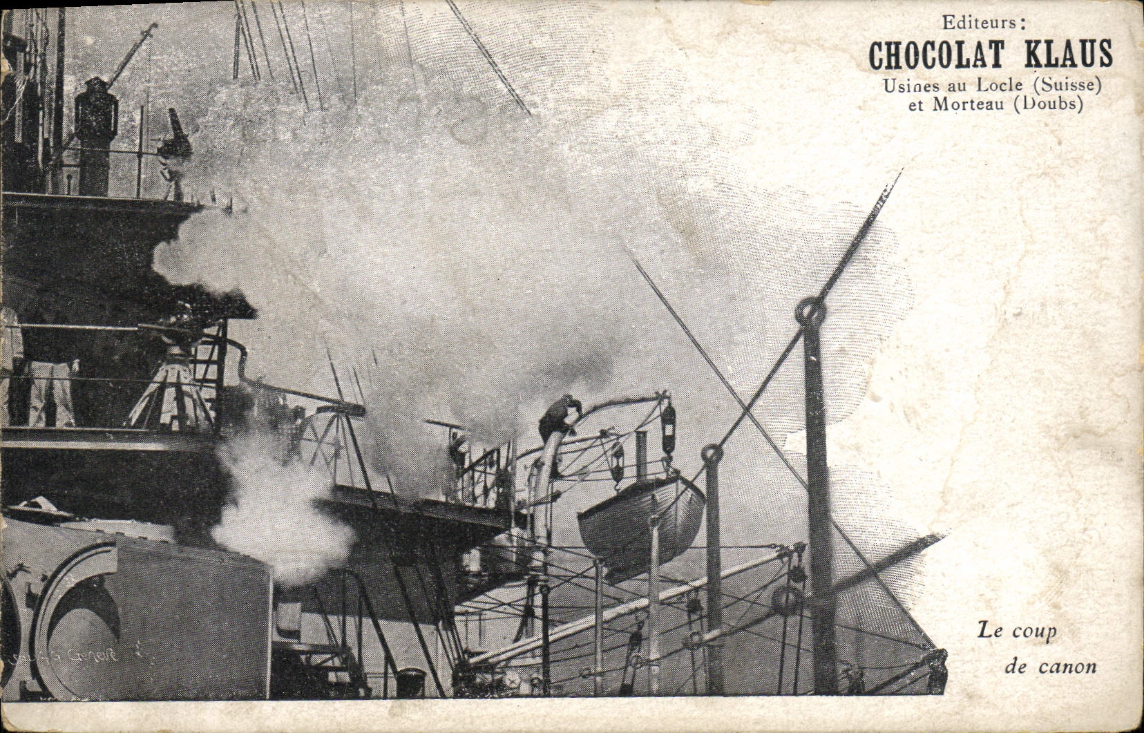 VINTAGE POSTCARD Boat Chocolate Klaus Factories of Locle the blow of gun