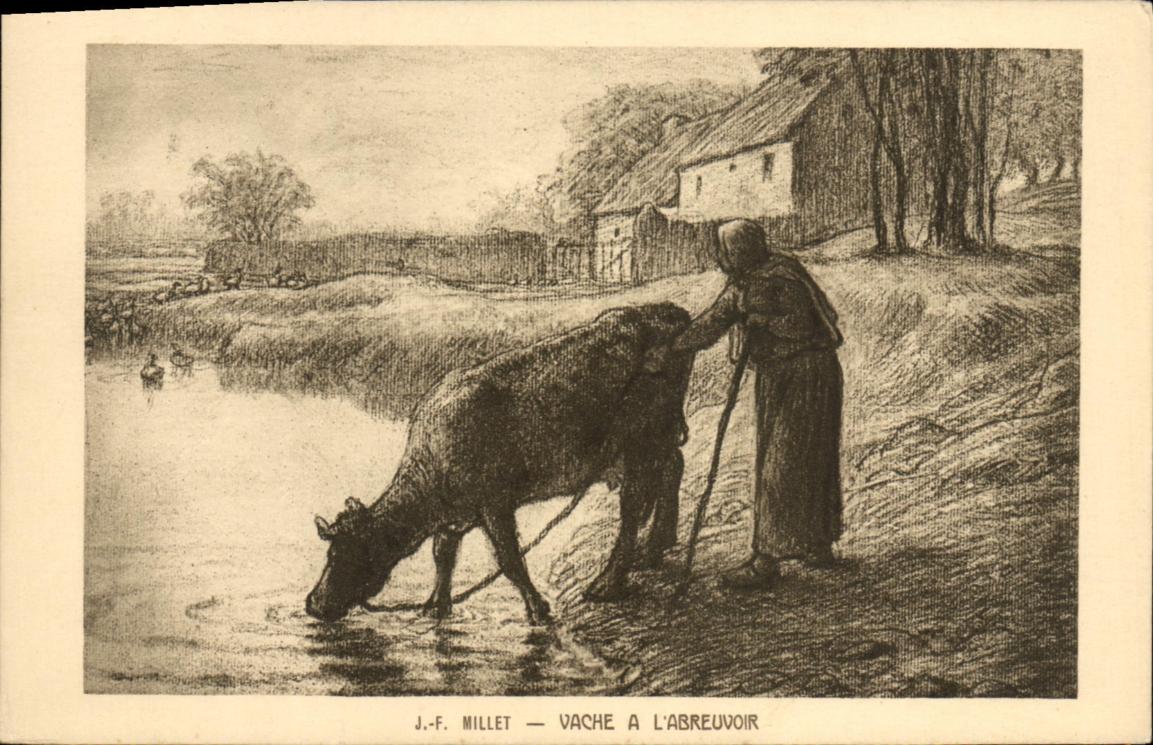 VINTAGE POSTCARD Millet Cow With the Feeding trough