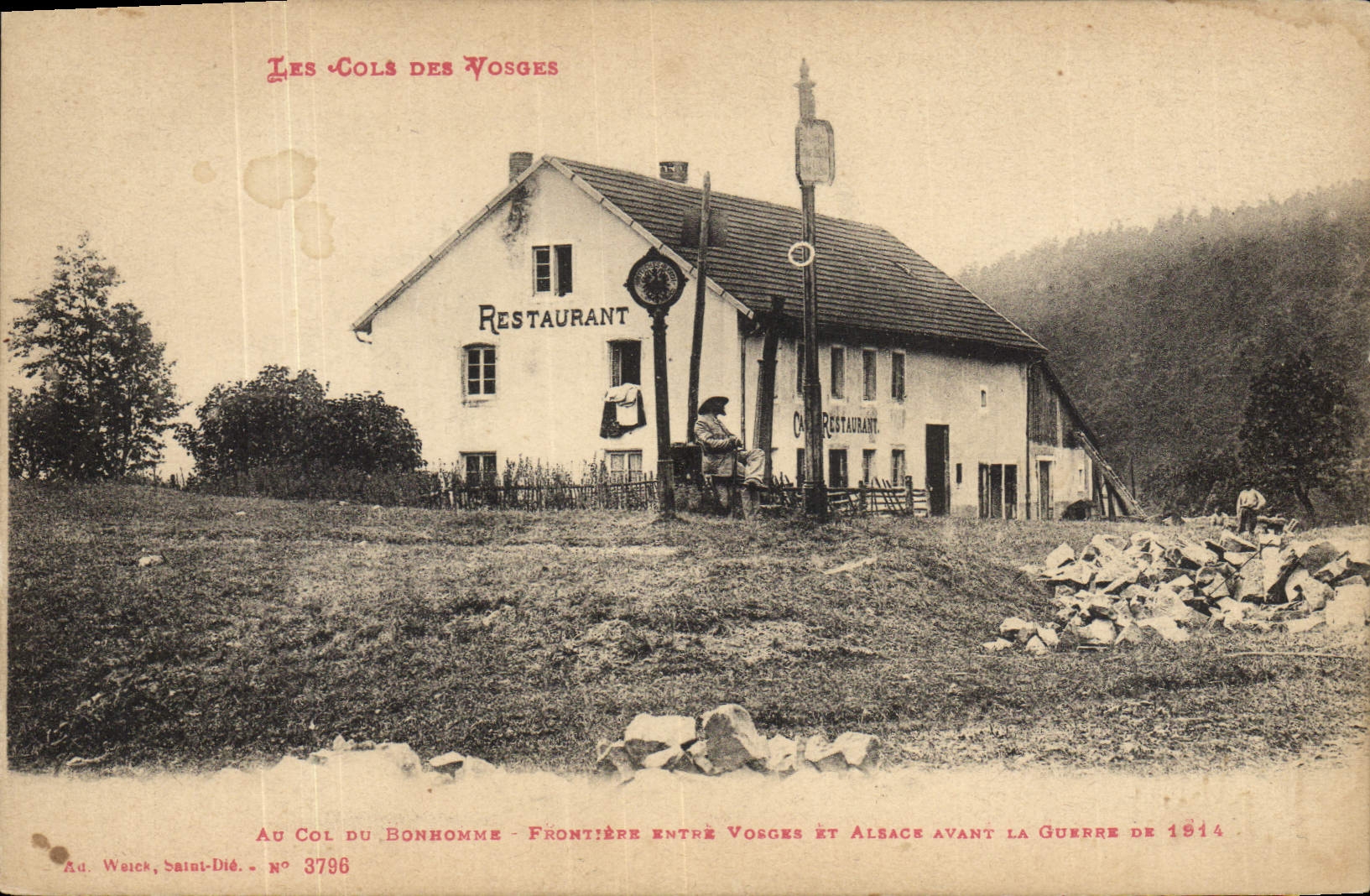 Collares de las aduanas de la POSTAL de la VENDIMIA de los Vosges al collar de la frontera del retén entre los Vosges y la Alsacia antes de la guerra del restaurante 1914