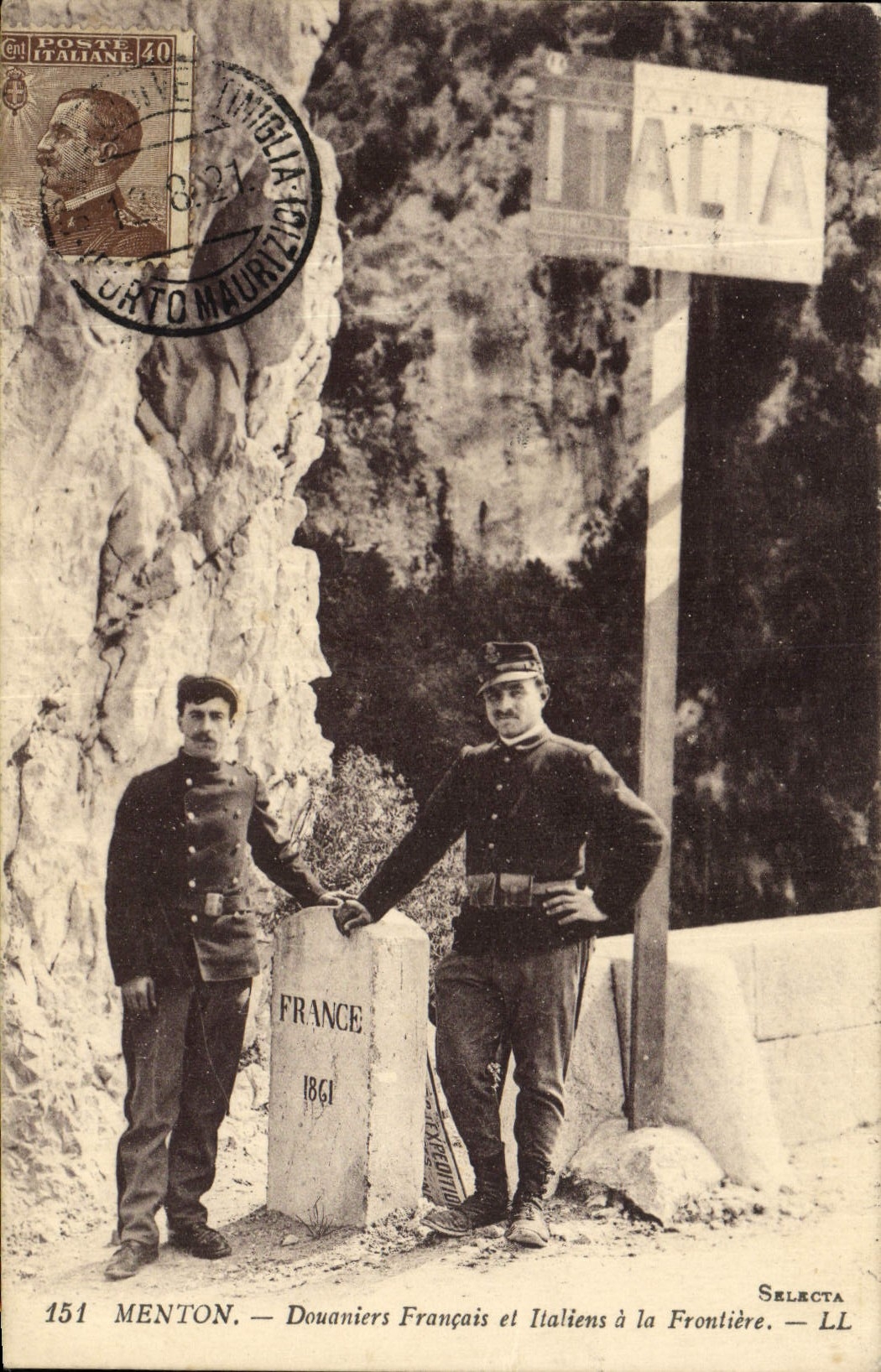 VINTAGE POSTCARD Customs French and Italian Customs officers at the border