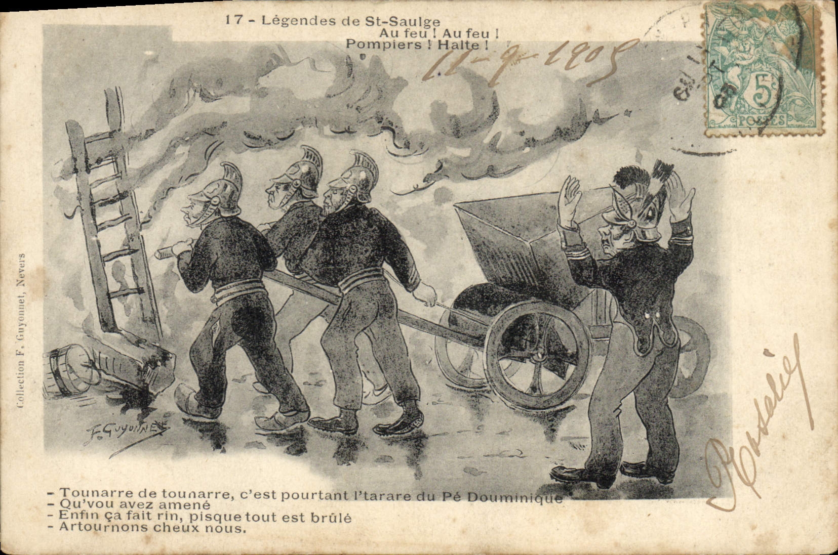 VINTAGE POSTCARD Sappers Firemen Legends of Saulge Saint To fire with fire
