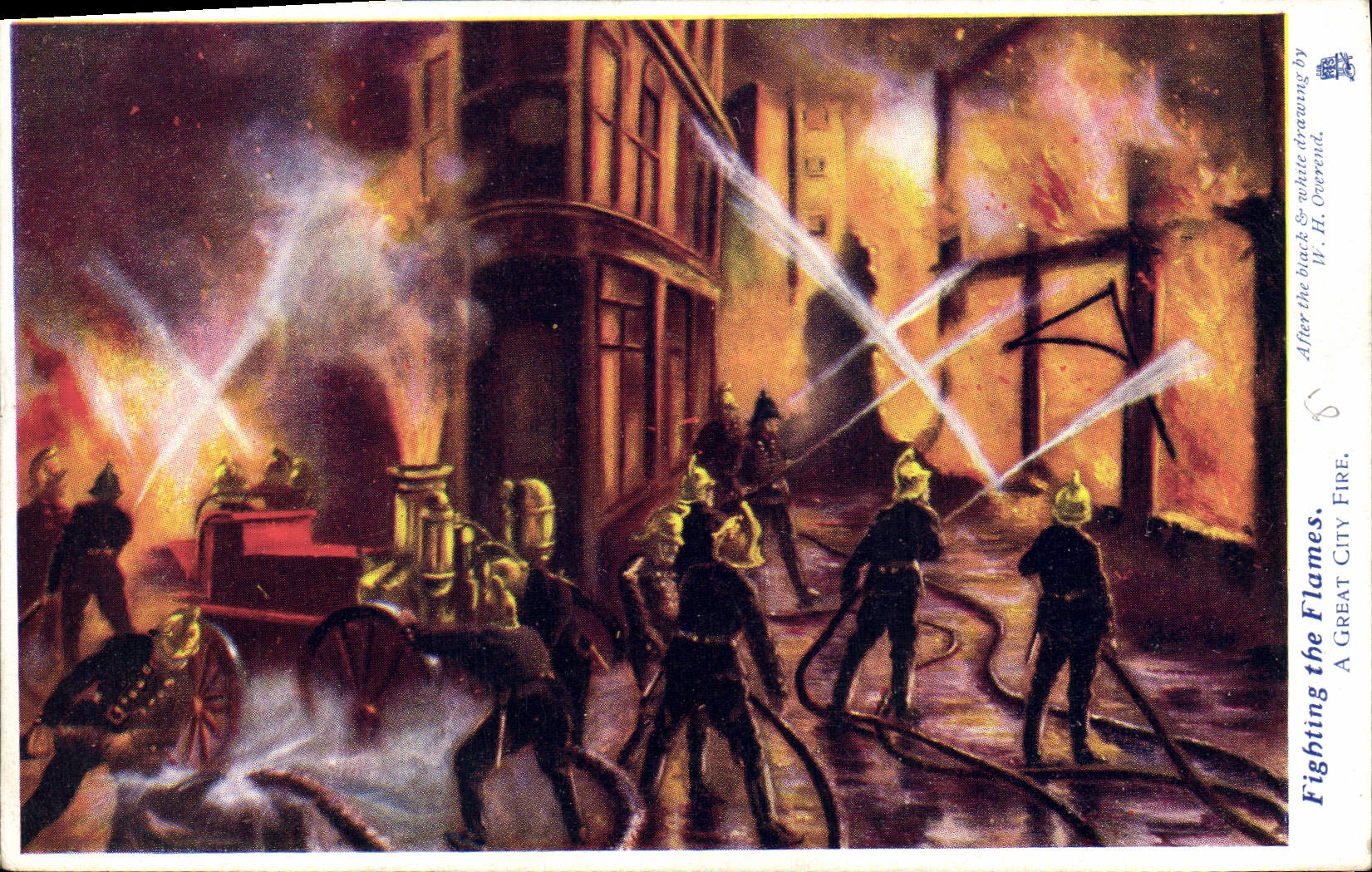 VINTAGE POSTCARD Sapeurs Firemen Fighting the flames has great city fire