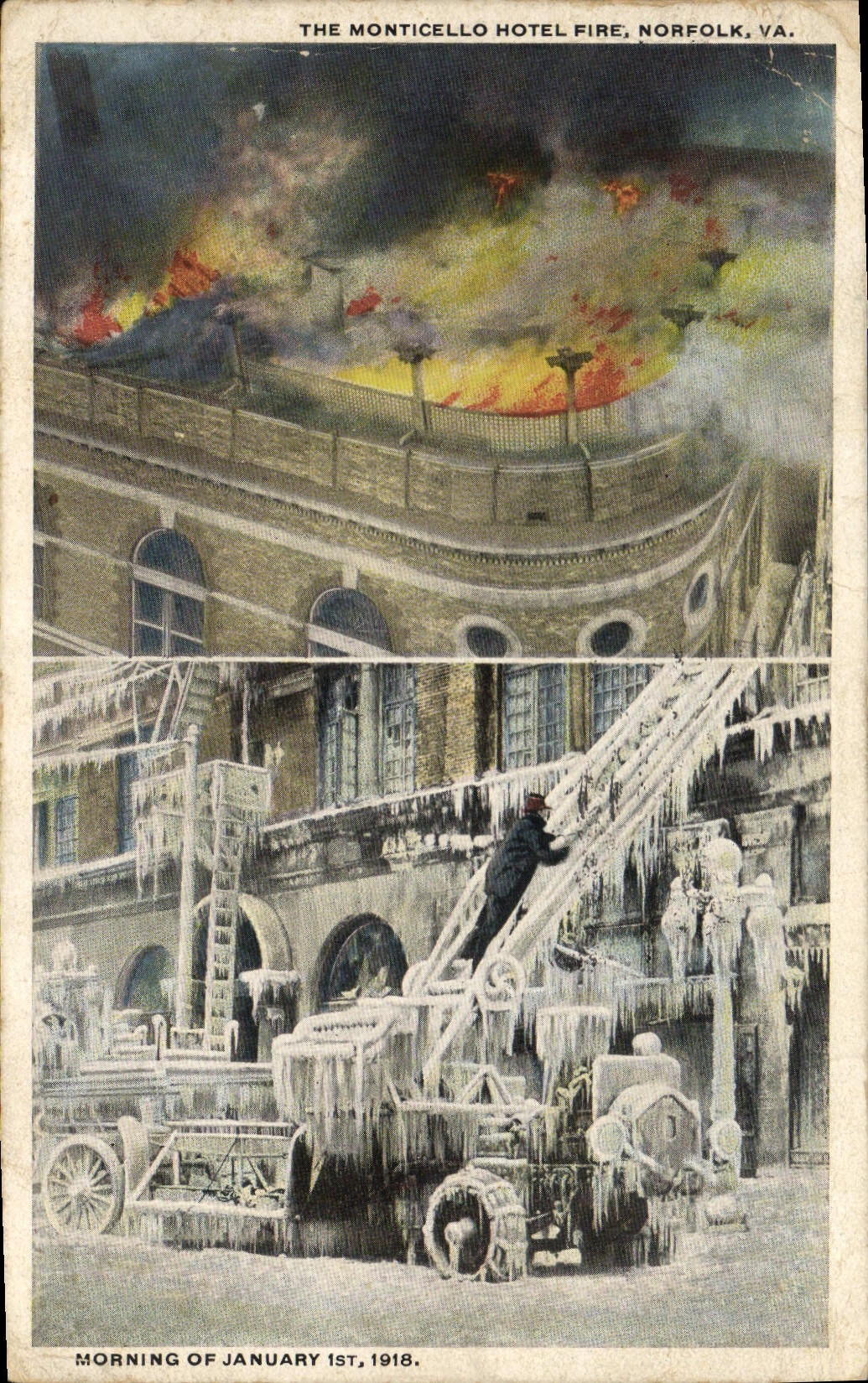 Bomberos de los zapadores de la POSTAL de la VENDIMIA la mañana de Norfolk del fuego del hotel de Monticello del 1 de enero de 1918