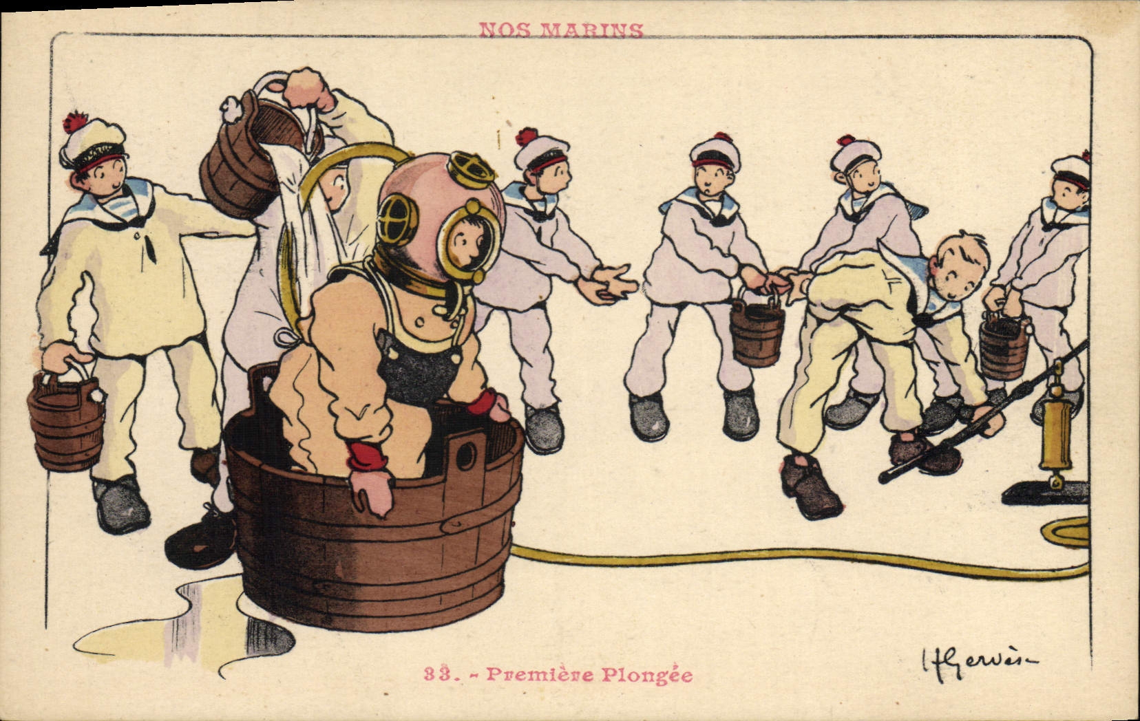 Ilustrador de Gervese del zambullidor de la POSTAL de la VENDIMIA nuestros marineros