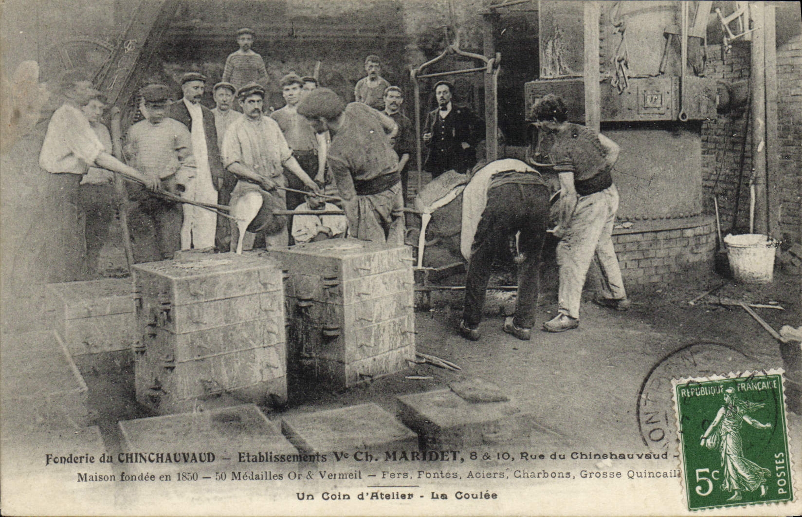 Fundición de la POSTAL de la VENDIMIA de los establecimientos de Chinchauvaud Maridet una esquina de la TAPA del bastidor del taller