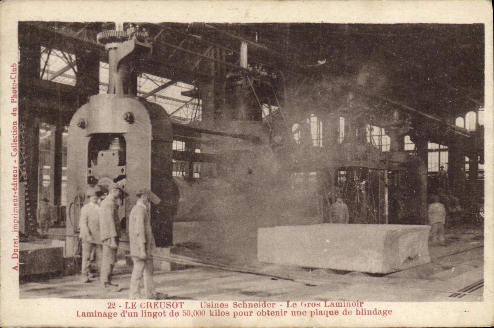 Fábricas de Creusot Schneider de la POSTAL de la VENDIMIA el balanceo grande del laminador de un lingote para obtener una armadura-placa