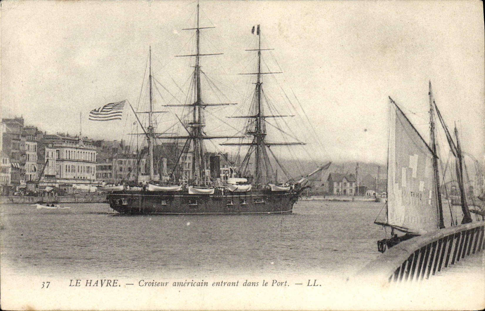 VINTAGE POSTCARD Sailing Boat Le Havre American Cruiser entering the port