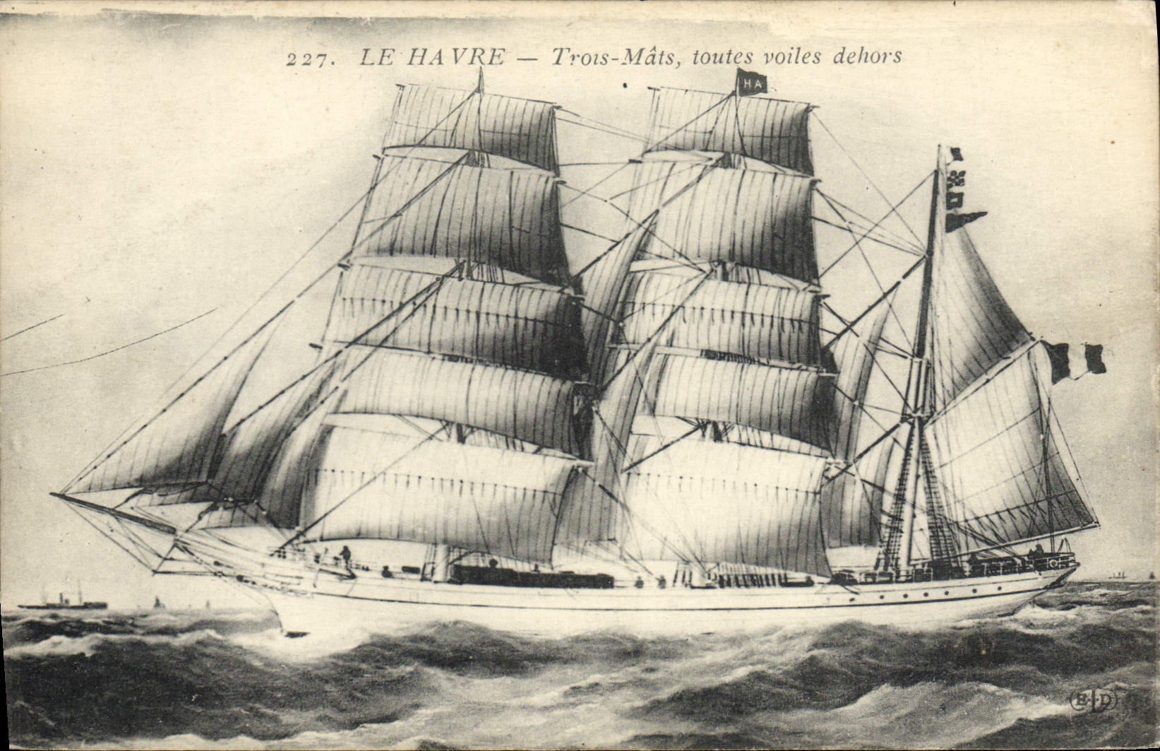 VINTAGE POSTCARD Sailing Boat Le Havre Three chechmates all sails outside