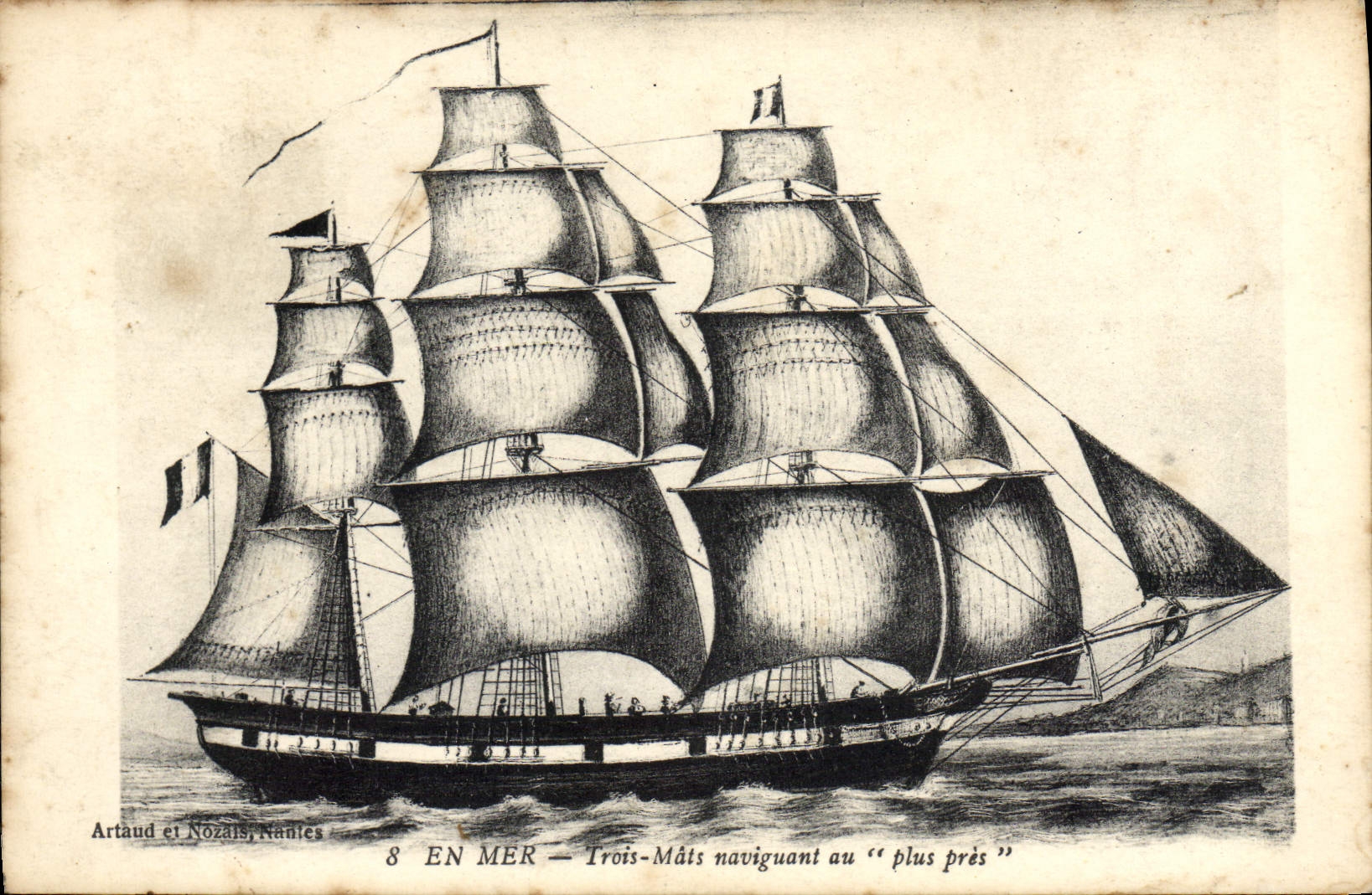 VINTAGE POSTCARD Sailing Boat at sea Three chechmates sailing with nearest