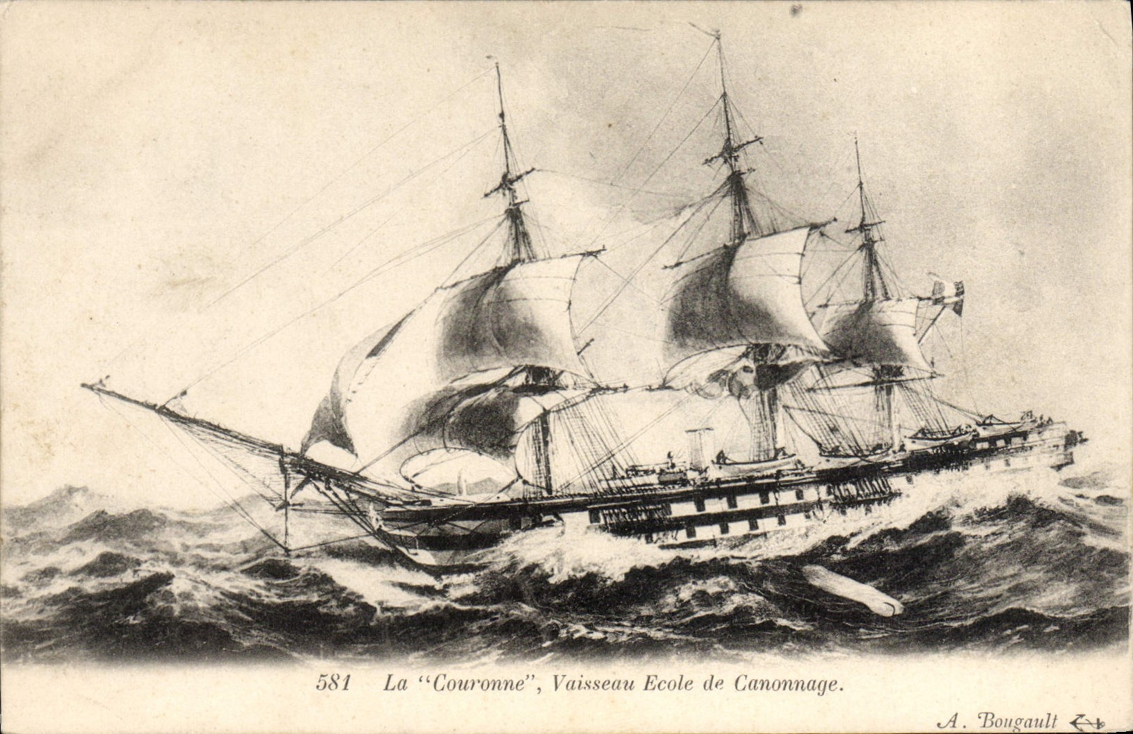 VINTAGE POSTCARD Sailing Boat the Crown Vaissea school of cannonading