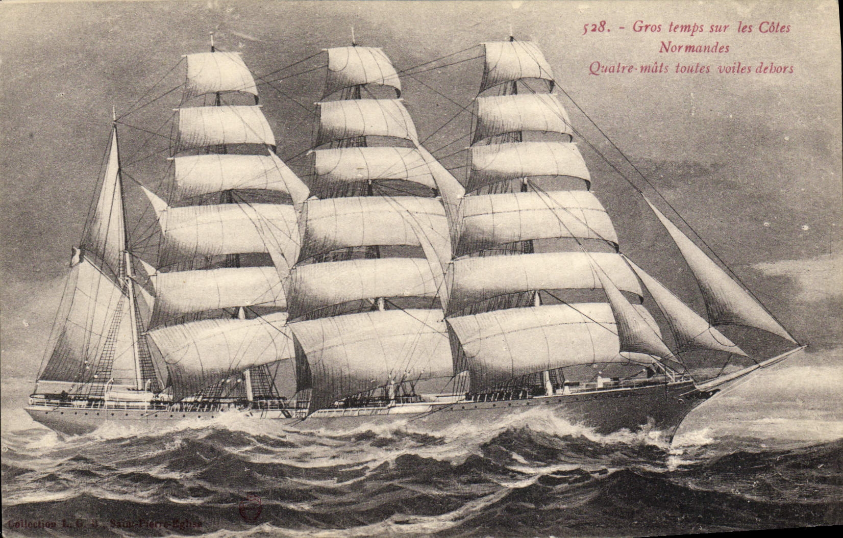 CPA Bateau Voilier Gros temps sur les Cotes Normandes Quatre mats toutes voiles dehors 
