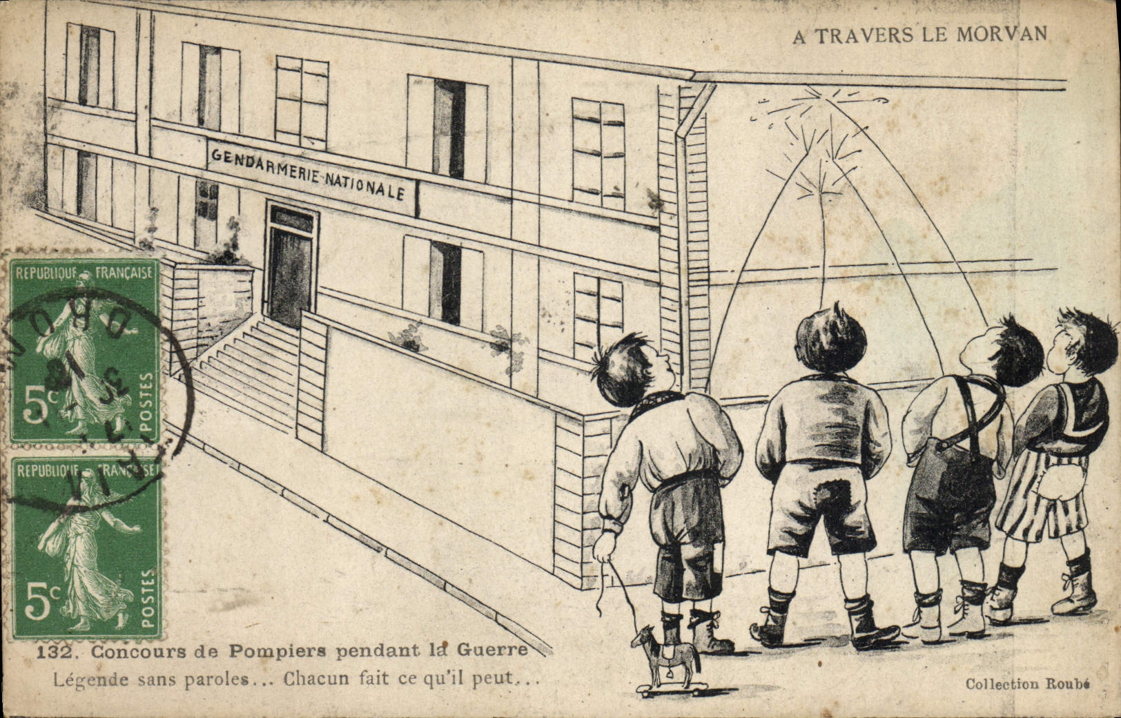 VINTAGE POSTCARD Through Morvan Contest of firemen during the war Children