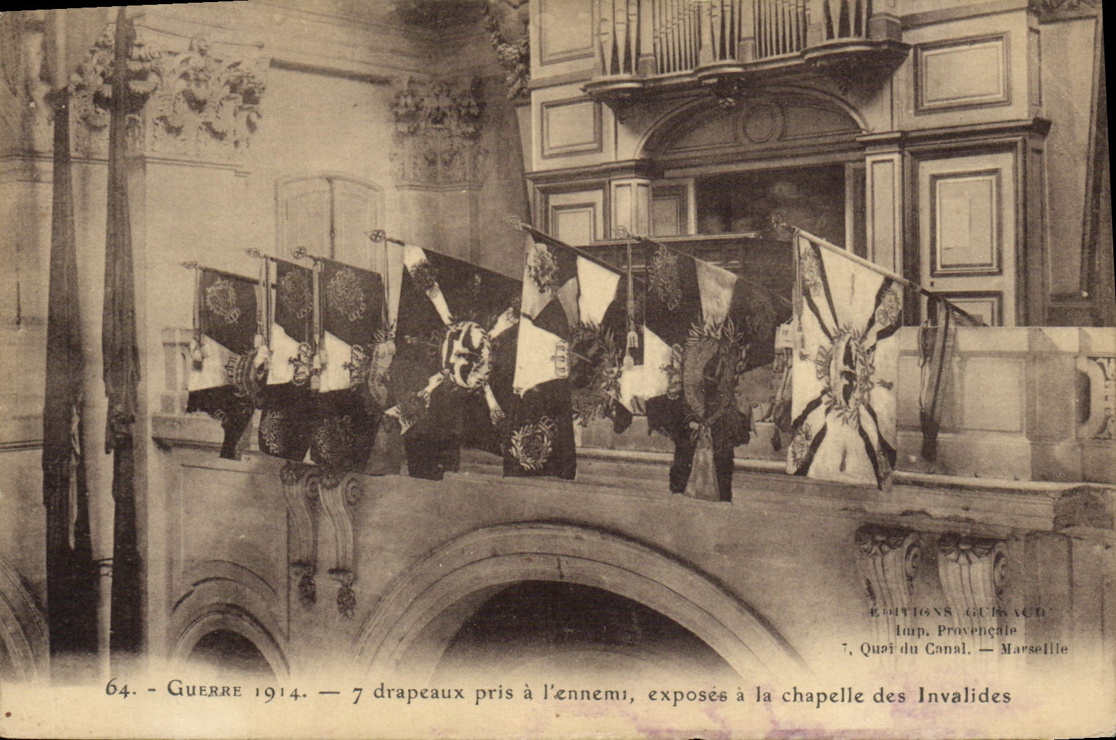 VINTAGE POSTCARD Militaria 7 flags taken with the enemy expose to the vault of the Invalids