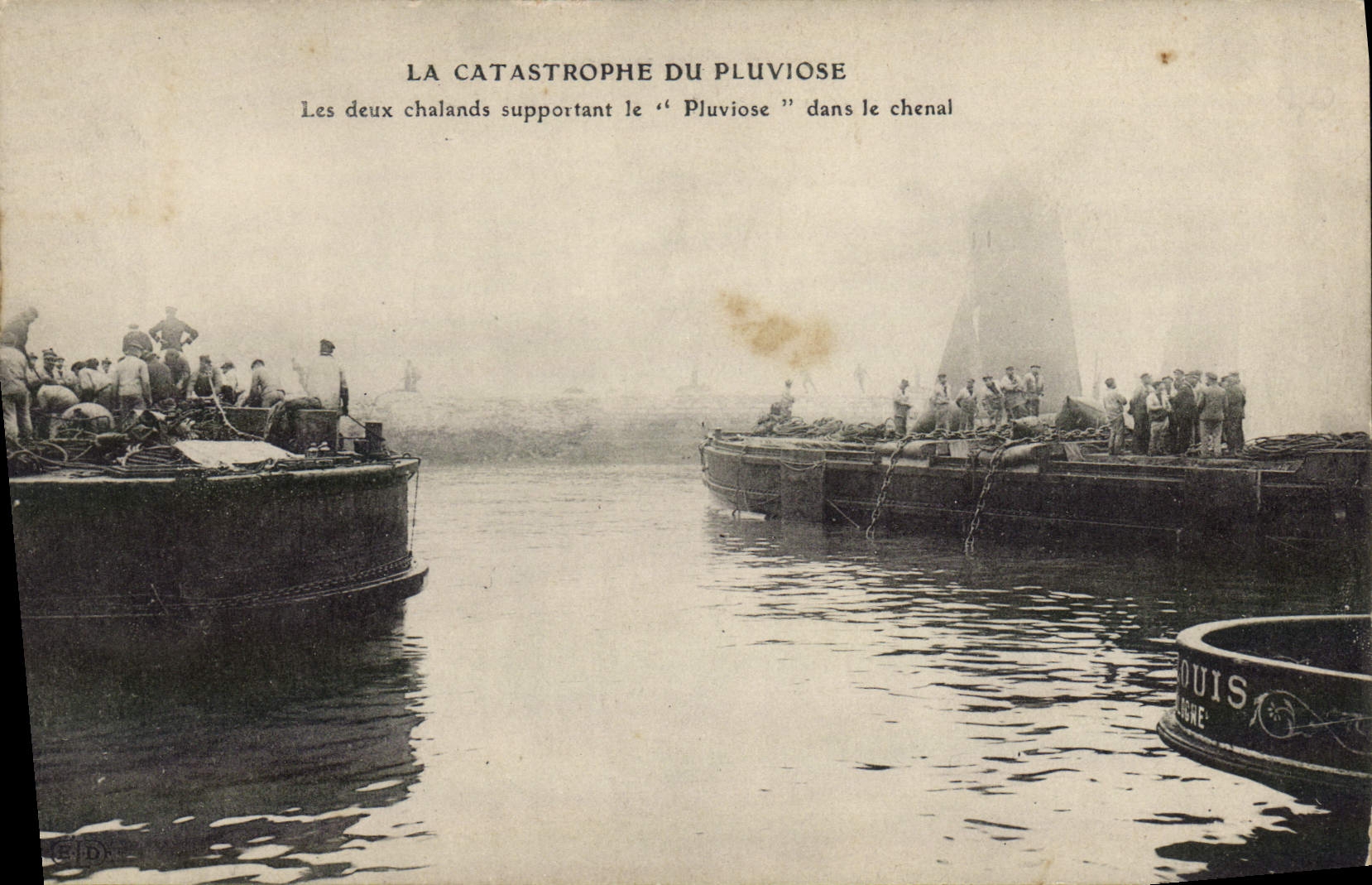 VINTAGE POSTCARD Boat Catastrophe of Pluviose two barges supporting Pluviose in the channel