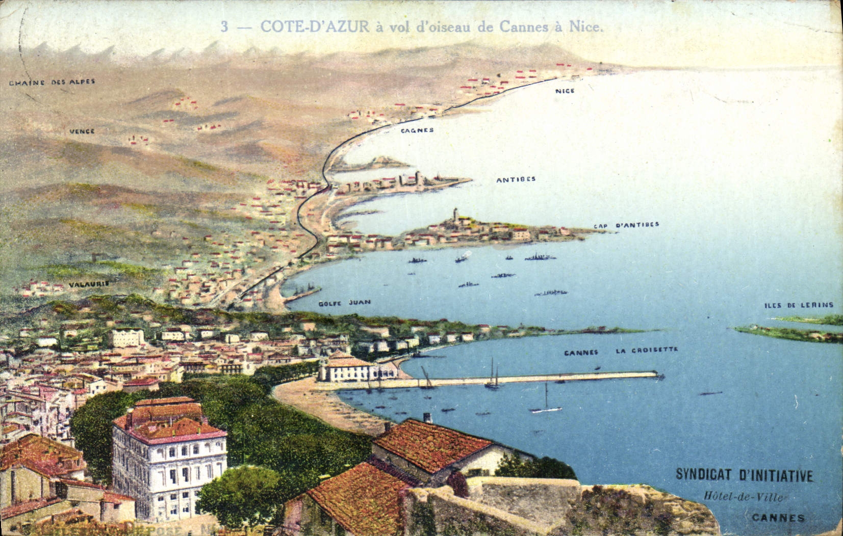 VINTAGE POSTCARD Cote of Azure as the crow flies of Cannes has Nice