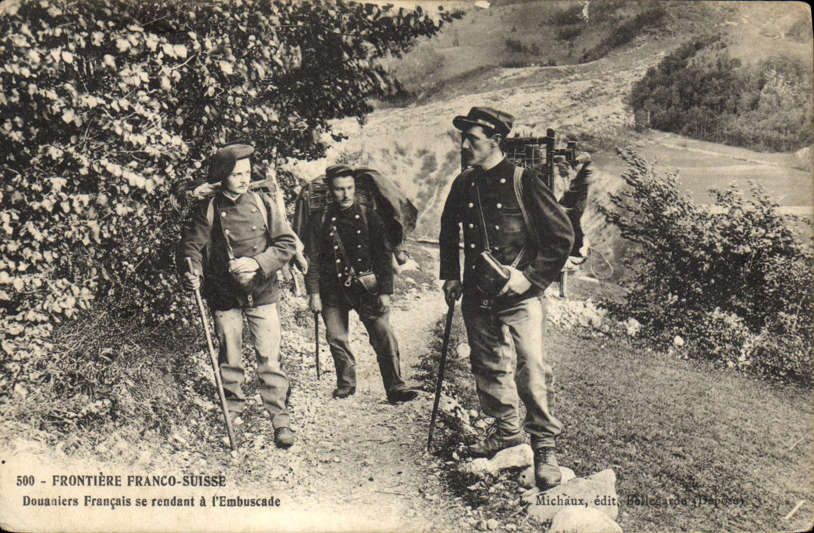 VINTAGE POSTCARD Customs Customs Free Swiss Border French Customs officers going aa the ambush