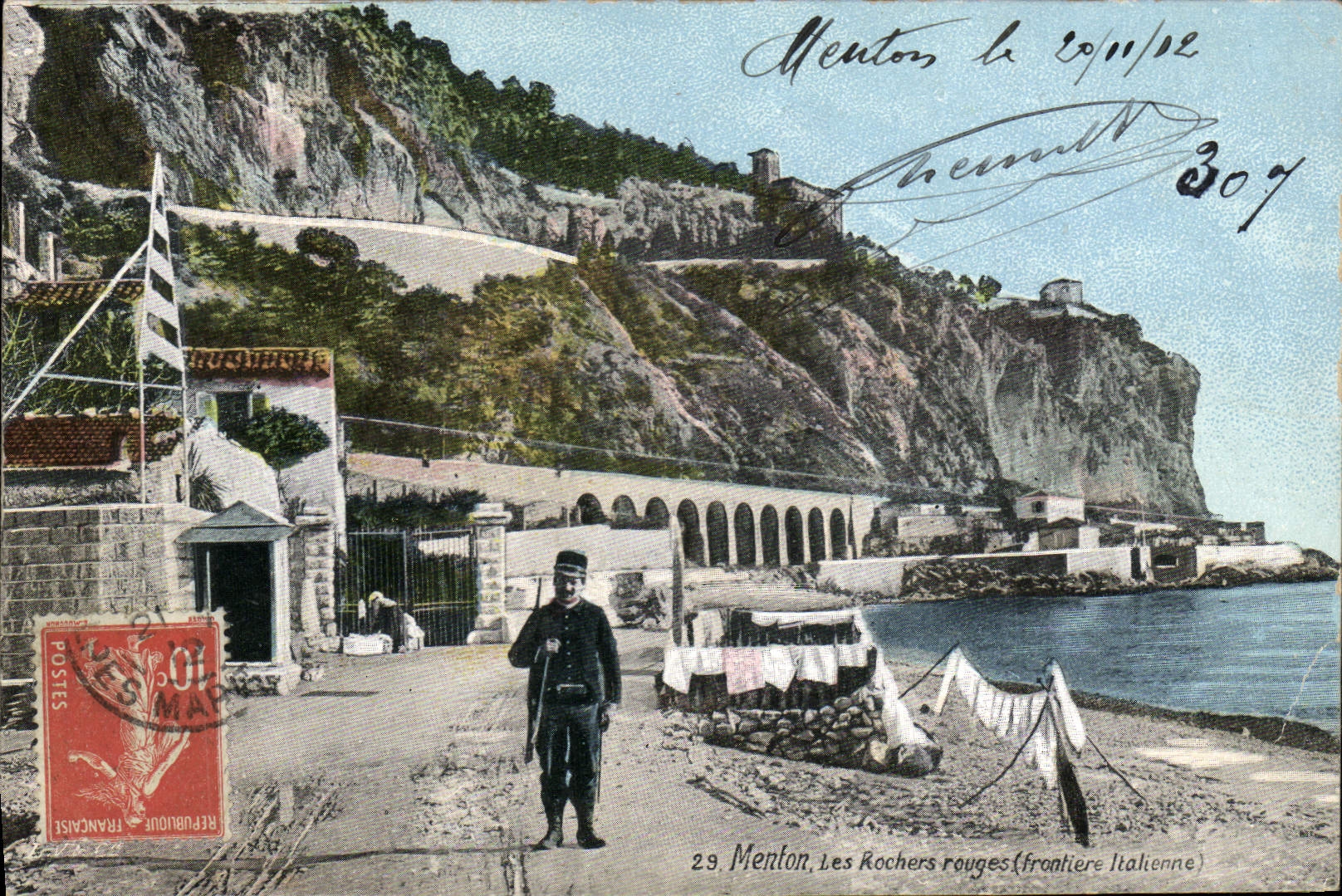 VINTAGE POSTCARD Customs Customs Menton the Rocks red Italian Border