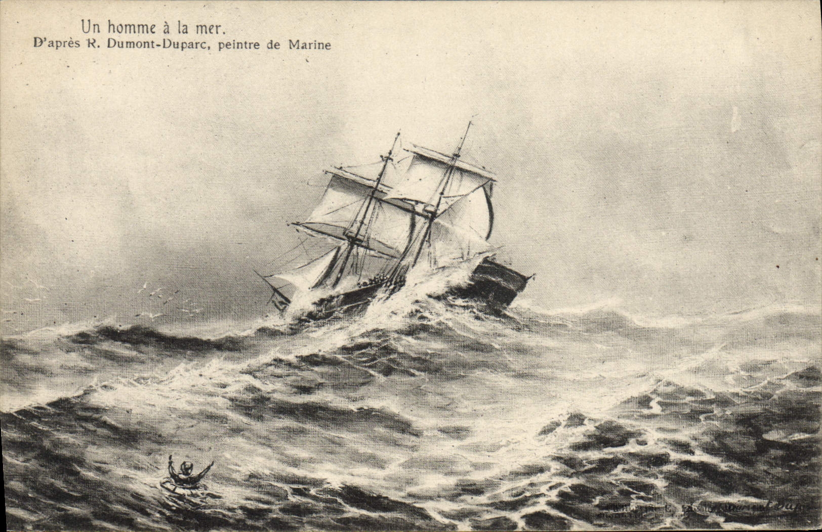 CPA Bateau Voilier Un homme a la mer Dumont Duparc peintre de marine