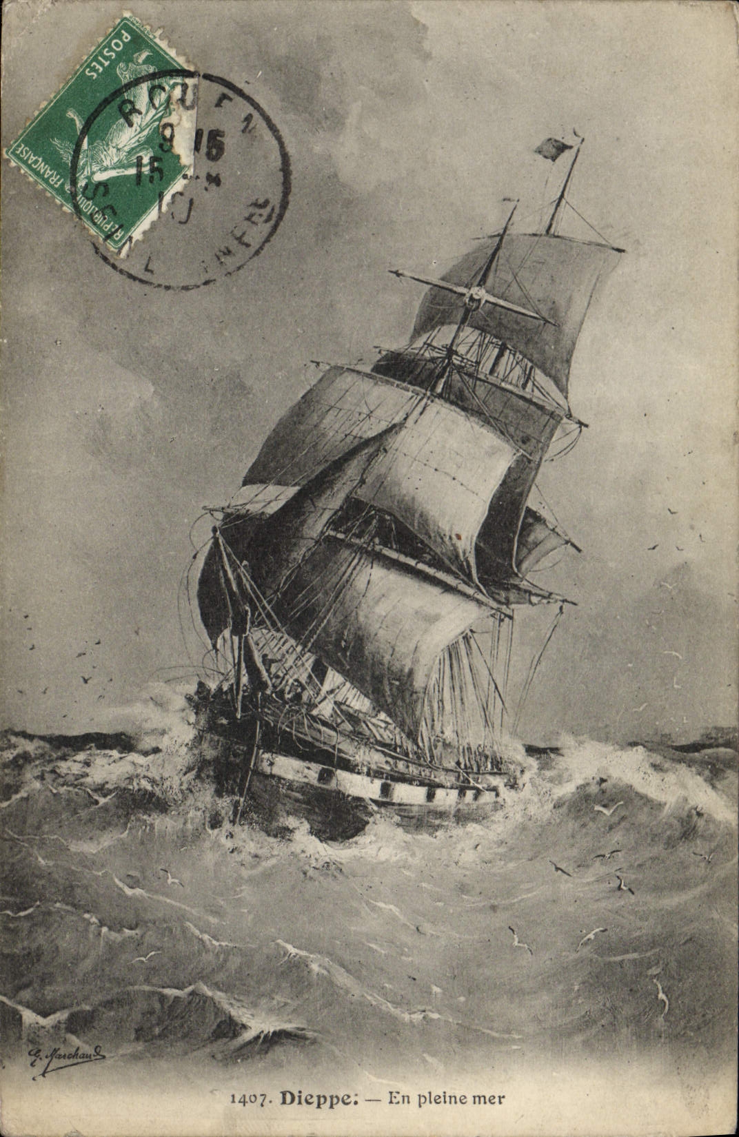 VINTAGE POSTCARD Sailing Boat Dieppe on the open sea