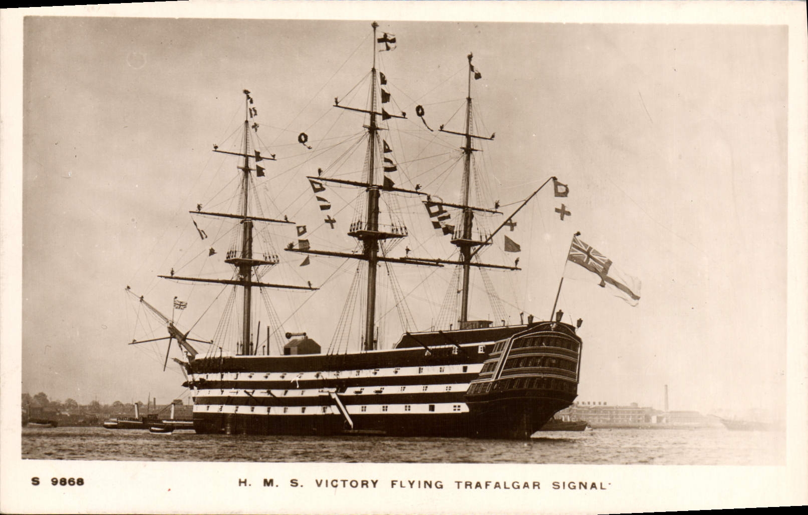 VINTAGE POSTCARD Sailing Boat HMS Victory flying Trafalgar signal