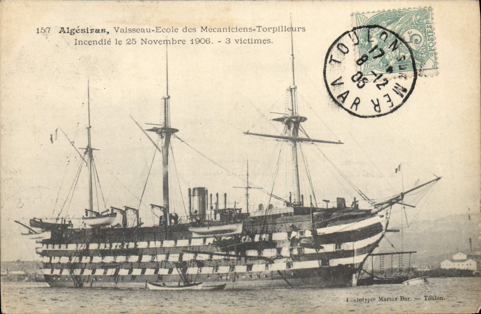 VINTAGE POSTCARD Sailing Boat Algeciras Vessel School of the mechanics Destroyers