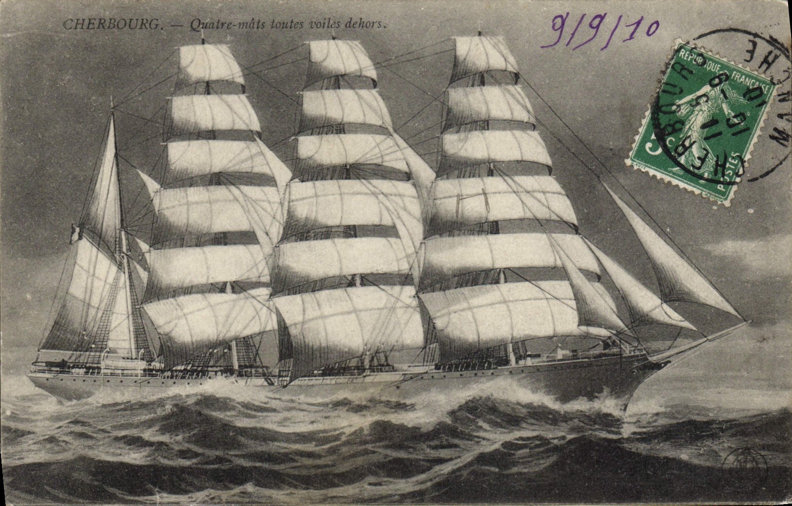 VINTAGE POSTCARD Sailing Boat Cherbourg Four Mats all sails outside