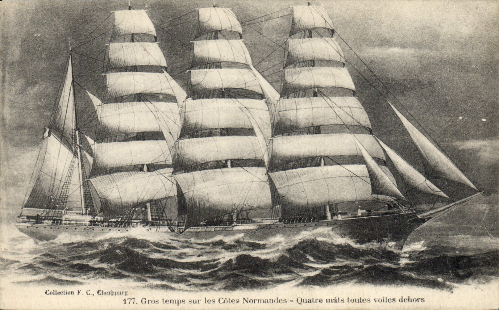 CPA Bateau Voilier Gros temps sur les cotes normandes Quatre mats toutes voiles dehors