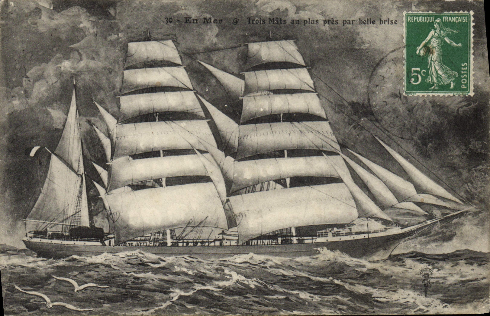 VINTAGE POSTCARD Sailing Boat Three chechmates with nearest by beautiful breeze