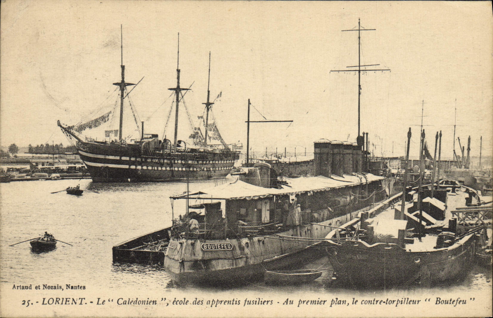 VINTAGE POSTCARD Sailing Boat Lorient Caledonien school of the apprentices fusiliers Against Destroyer Blaster