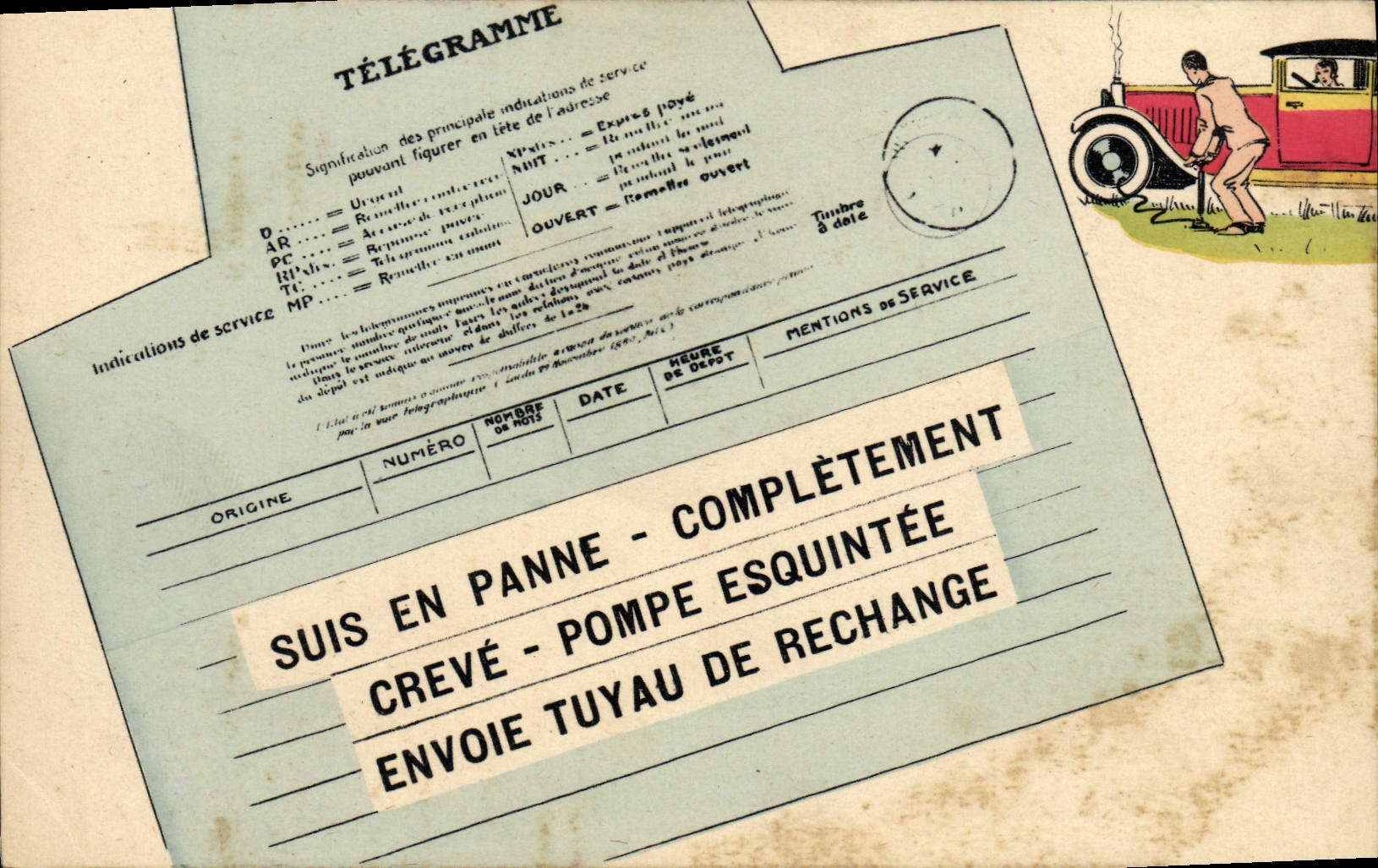 CPA Amour Telegramme Suis en panne Automobile 