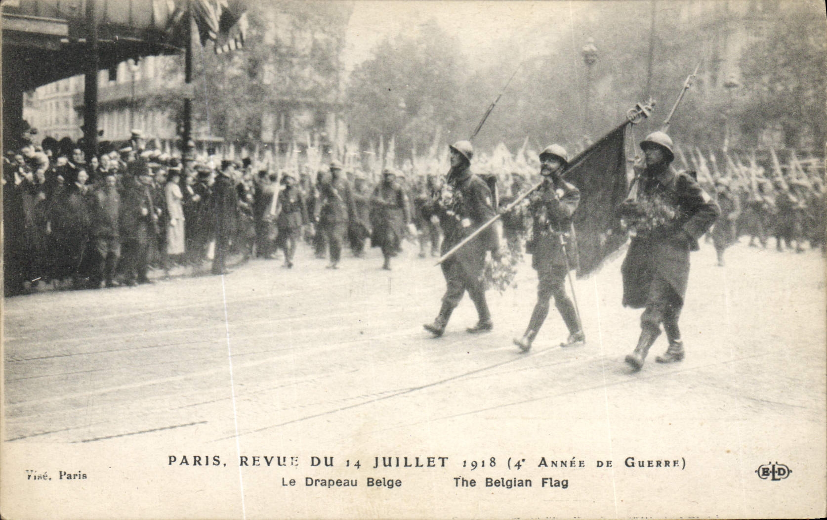 VINTAGE POSTCARD Militaria Paris Re-examined of July 14th, 1918 the Belgian flag