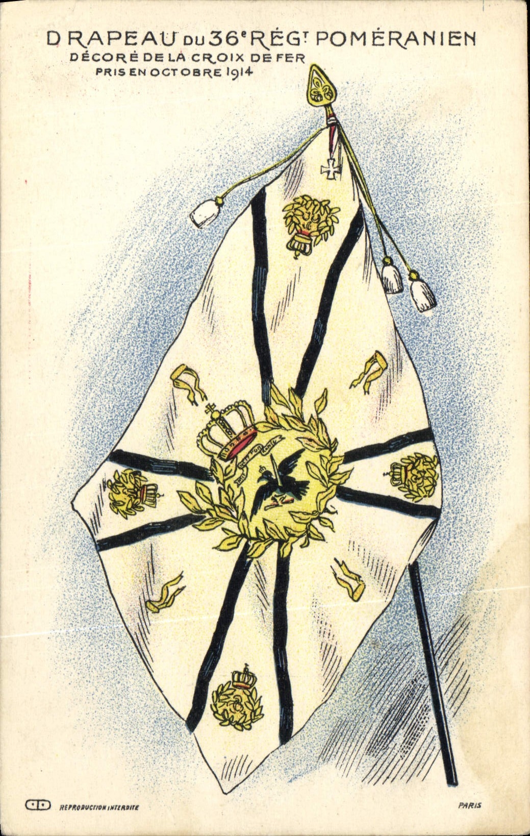 La POSTAL Militaria Drapeau de la VENDIMIA del regimiento de 36eme Pomeranien adorna con la cruz del hierro