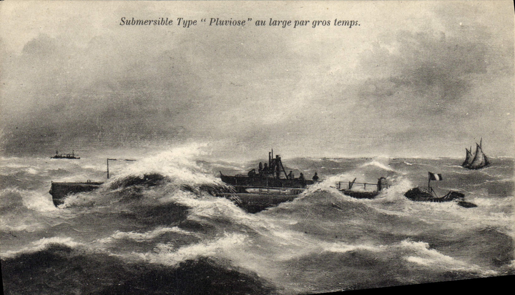VINTAGE POSTCARD Boat Underwater Submarine Pluviose with broad by heavy weather