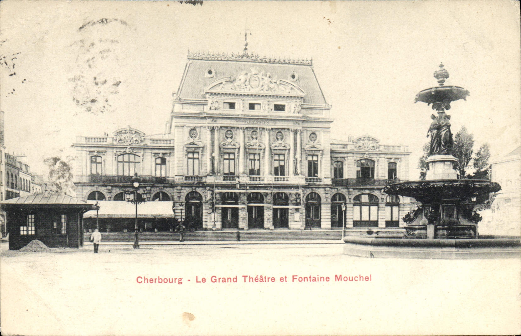 VINTAGE POSTCARD Cherbourg the large theater and Mouchel fountain