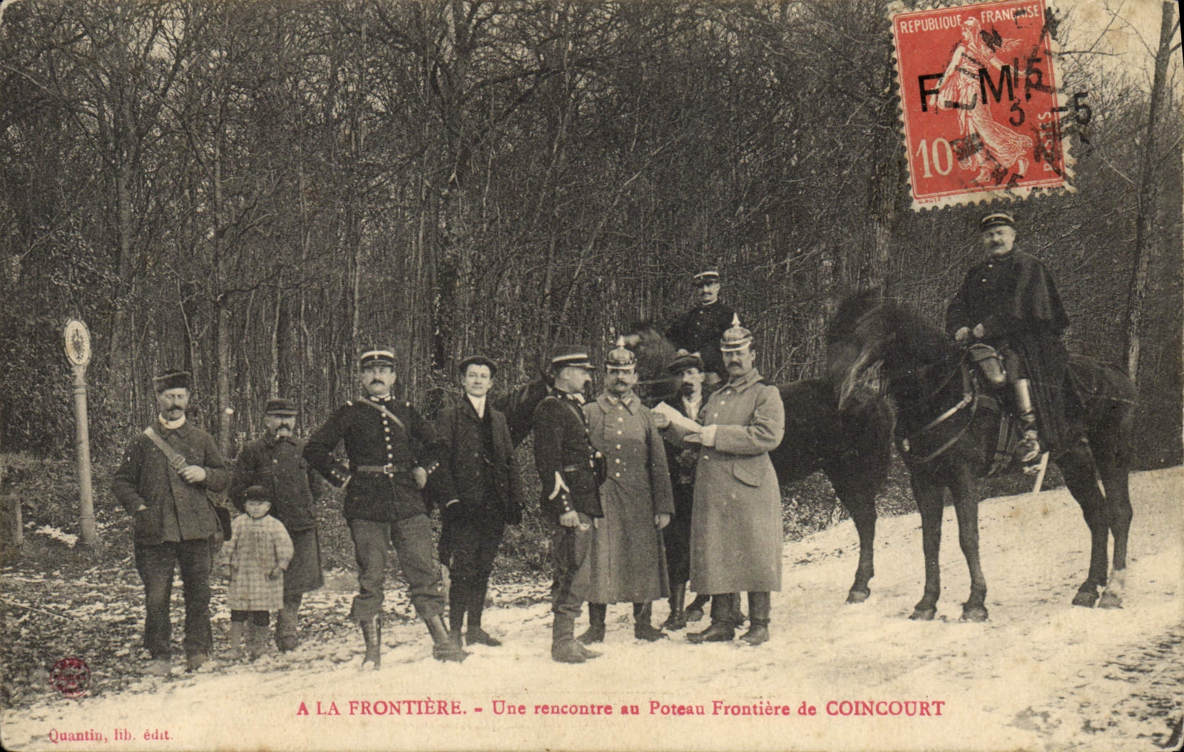 Aduanas de la POSTAL de la VENDIMIA en la frontera una reunión con la frontera del poste de Coincourt